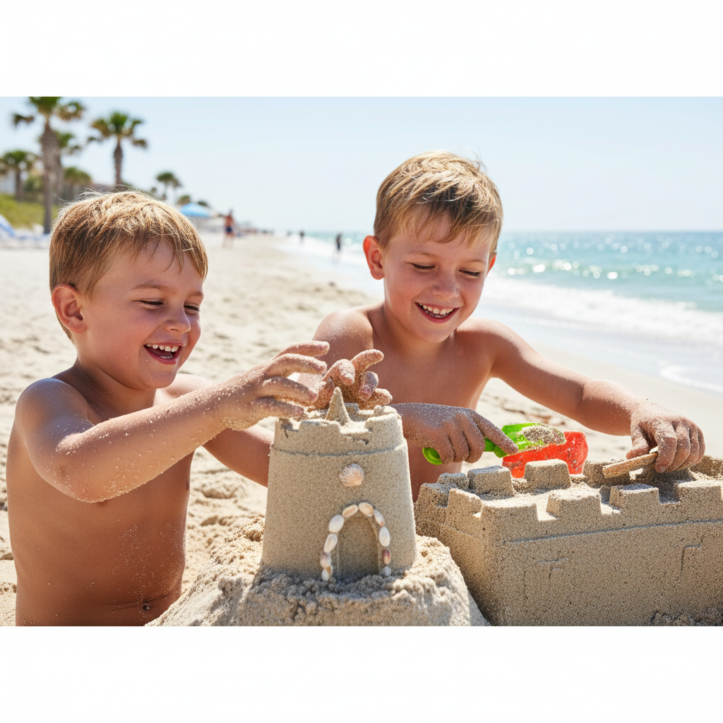Family building sandcastle on Gulf Coast beach