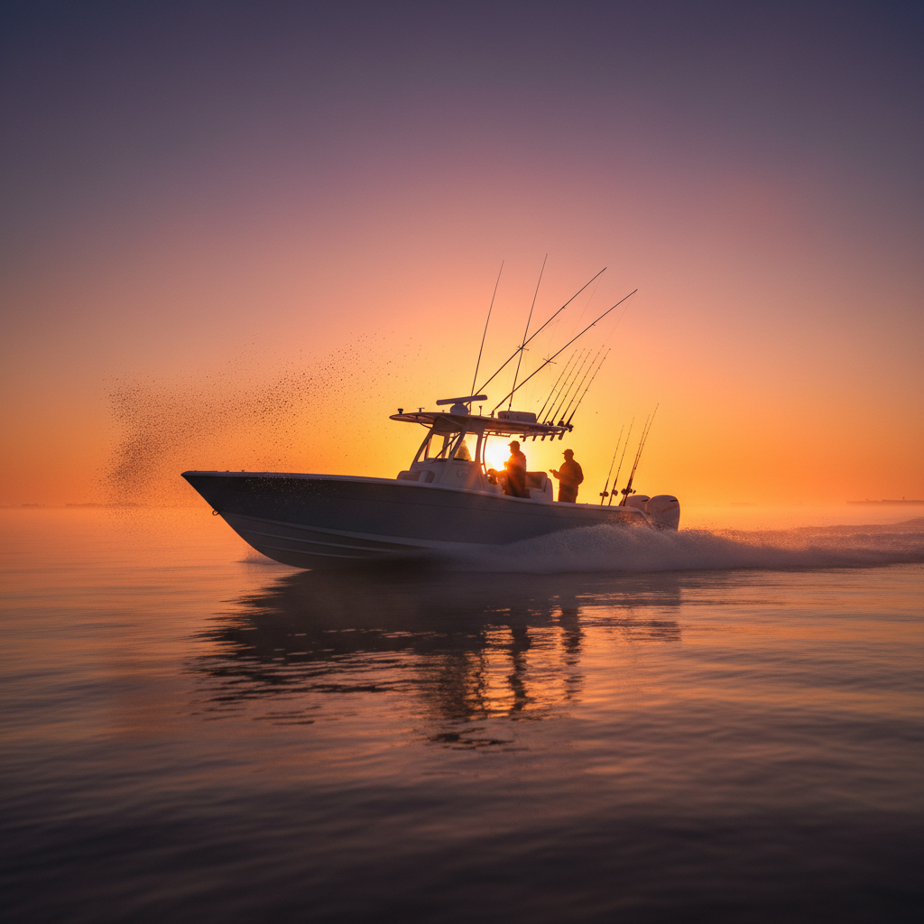 Fishing boat on Gulf waters at sunrise